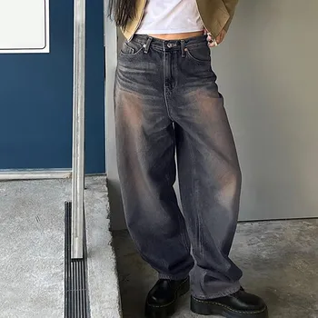Y2K Kadınlar Kore Vintage Streetwear Baggy Kot Yüksek Bel Düz Geniş Bacak Pantolon Denim Pantolon Peri Grunge Alt Elbise