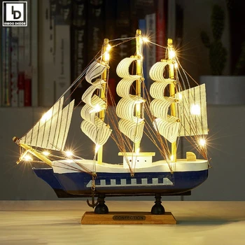 Yaratıcı Ahşap LED Yelkenli Yelkenli Tekne Gemi Modeli Ev Dekor Akdeniz Tarzı Ev Dekorasyon Dekor Aksesuarları Hediye