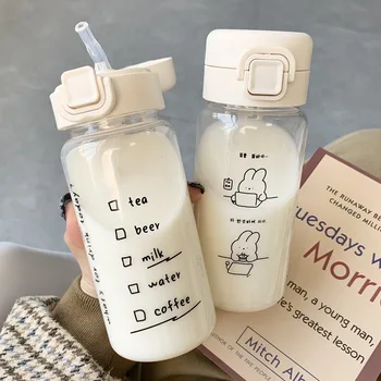 Yaratıcı Karikatür Su Şişesi Saman ile Sevimli Plastik içme suyu şişesi Taşınabilir sızdırmaz Drinkware İçme Süt Kahve Çay