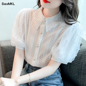 Yaz Beyaz Dantel Gömlek Kadın 2023 Zarif Moda Boncuk Casual Blusas Mujer Kore Tarzı İnce Siyah Puf Kollu Bluzlar Tops