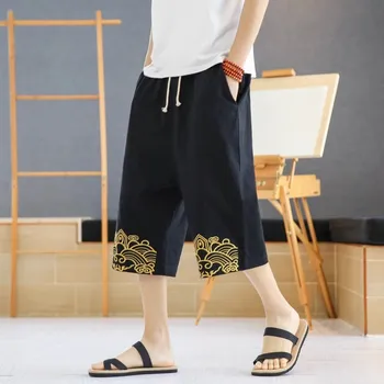 Yaz erkek Keten Japon Kimono Pantolon Gevşek Gençlik Yedi noktalı Pantolon İşlemeli koşu pantolonları İş Giysisi Sweatpants