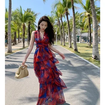 Yazlık bayan Elbise Moda Çiçek Baskı Ruffles Katmanlı Uzun Elbiseler Seksi V Boyun Açık Plaj Partisi Kadın Elbiseler Elbiseler