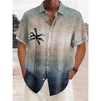 Yeni havai gömleği erkek sokak gömlek tatil kısa kollu Harajuku hindistan cevizi ağacı baskılı yaka erkek büyük boy tişört 2023