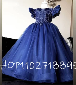 Yeni Mavi Kız Elbise Prenses Kız doğum günü elbiseleri Çocuklar Parti Balo Giyim Custom Made