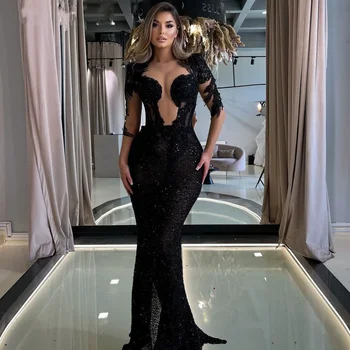 Yeni Siyah Seksi Sevgiliye Mermaid Orta Kollu Pullu Dantel uzun elbise Balo Akşam Parti Konak Abiye Kadınlar İçin 2023