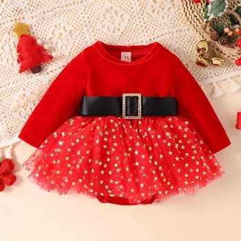 Yenidoğan Bebek Kız Noel Romper Elbise Kırmızı Kadife Altın Yıldız Örgü Patchwork Bodysuits 0-24M İlk Noel Bebek Giysileri