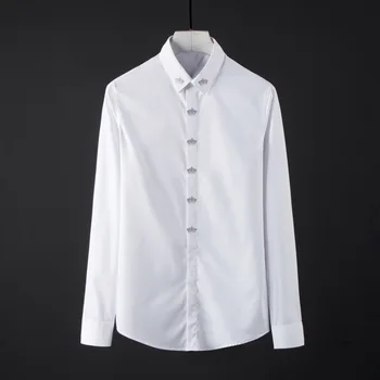Yüksek Kaliteli Lüks Takı İş Gömlek Uzun Kollu Düğme Aşağı Düzenli Fit Gömlek Beyaz Gömlek Erkekler İçin