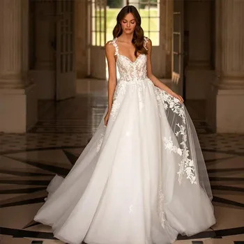 Zarif A-Line düğün elbisesi Spagetti Sapanlar Sevgiliye Dantel Aplike gelin kıyafeti Backless Kolsuz Robe De Novia Özel