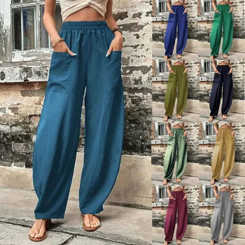 Zarif gündelik kadın pantolonları 2023 Yaz Yeni Düz Renk Cep Elastik Pantolon S-5XL