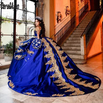 Zarif Mavi Quinceanera Elbiseler Dantel Boncuk Vestidos De 15 Años Kapalı Omuz Meksika Kız Doğum Günü Törenlerinde