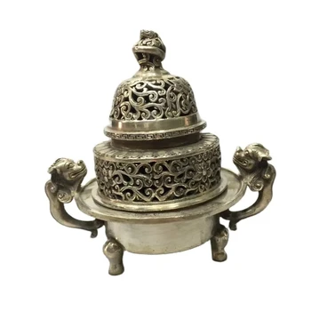 Çin eski antika gümüş dargon Çift katmanlı, oyulmuştur heykelleri tütsü brülör ev dekorasyon metal el sanatları