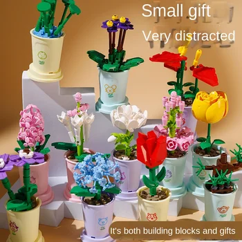 Çiçek Buketi Saksı Succulents Kahve Fincanı Yapı Taşları İnşaat Tuğla Seti Bonsai Gül Ev Dekor Oyuncaklar Erkek Kız için