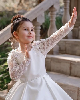 Çiçek Kız Elbise Beyaz Saten Uzun Kollu Dantel Boncuklu Aplike Düğün Zarif Küçük Çiçek Çocuk Efkaristiya Balo Parti Elbise