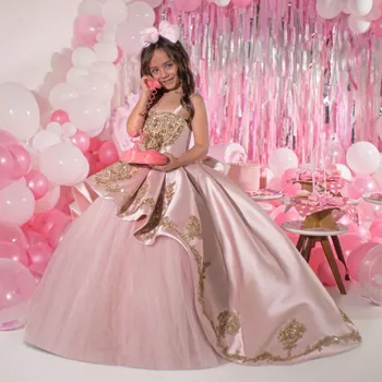 Çiçek Kız Elbise Pembe Boncuklu Payetli Saten Aplike Balo Çocuk Pageant Spagetti Sapanlar Prenses İlk Communion elbise