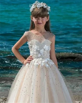 Çiçek Kız Elbise Şampanya Rengi Tül Çıkartması Boncuklu Düğün Zarif Küçük Çiçek Çocuk Komünyon Doğum Günü Prenses Elbise