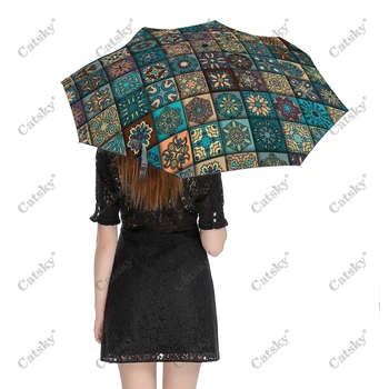 Çiçek Süsleme Geometrik Şemsiye Yağmur Kadınlar 3 Katlanır Tam Otomatik Şemsiye Güneş Koruma Açık Seyahat Aracı Parapluie