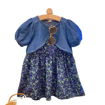 Çocuk 2023 yaz elbisesi Kızlar Retro Çiçek Halter Etek Kısa Kısa Kollu Denim Ceket İki parçalı Set